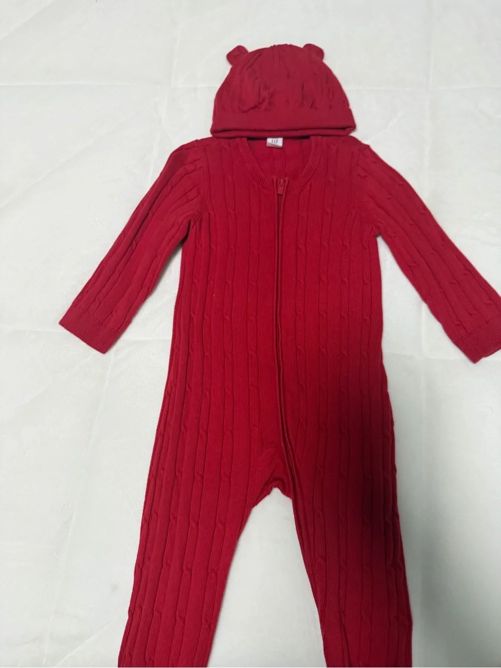 GAP Red Cable-Knit Baby One-Piece with Matching Bear-Ear Hat